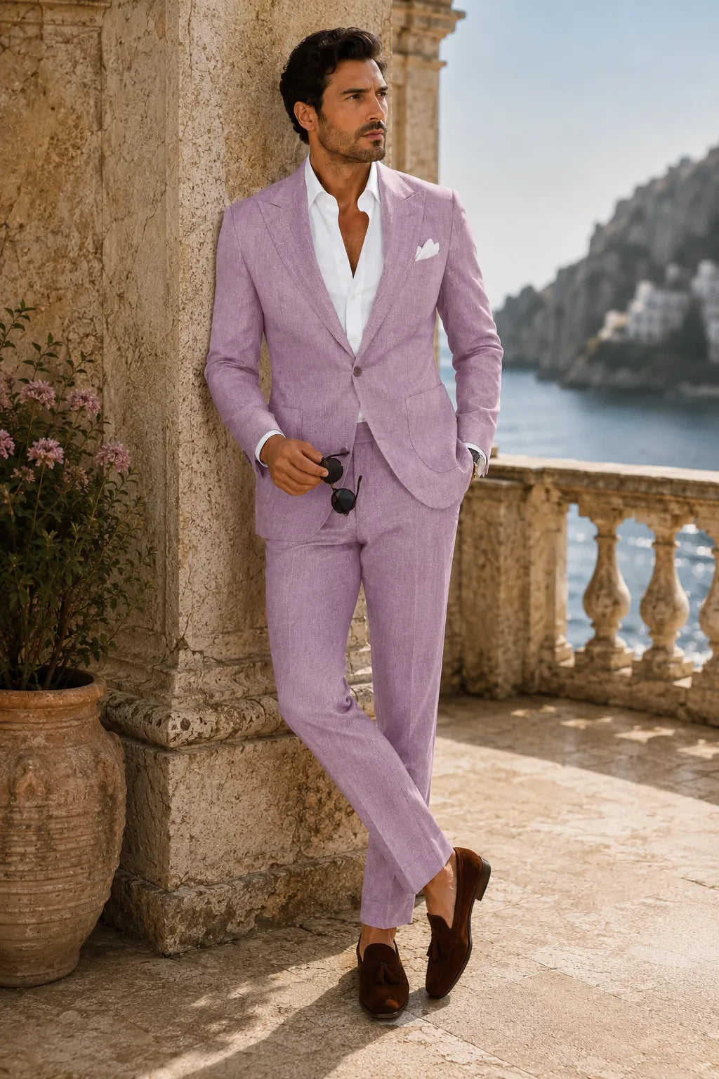 Men's Tailored Peak Lapel Linen 2 Piece Suit