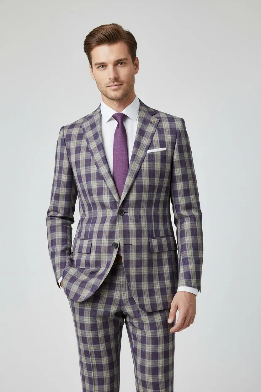 Men's Purple Plaid Slim Fit 2 Piece Suits