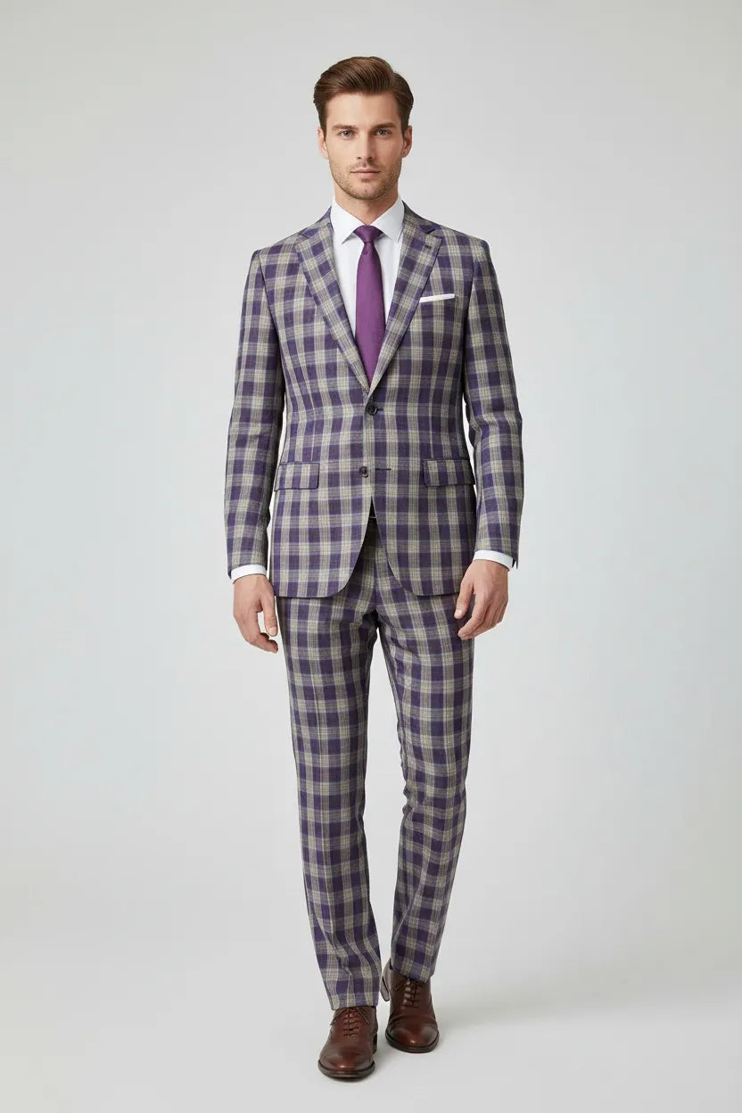 Men's Purple Plaid Slim Fit 2 Piece Suits
