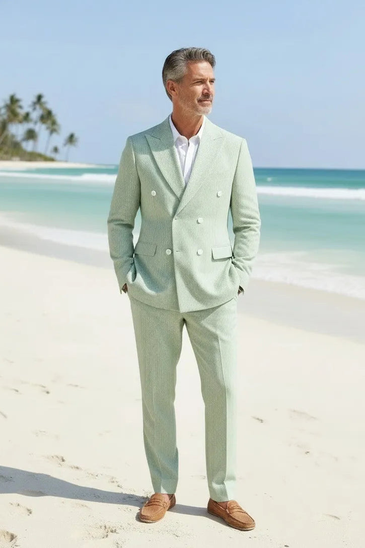 Men's Summer Double Breasted Seersucker 2 Piece Suits