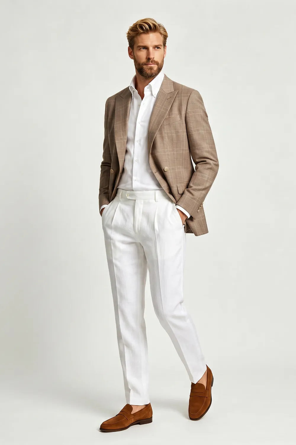 Men's Beige Windowpane 2 Piece Suit