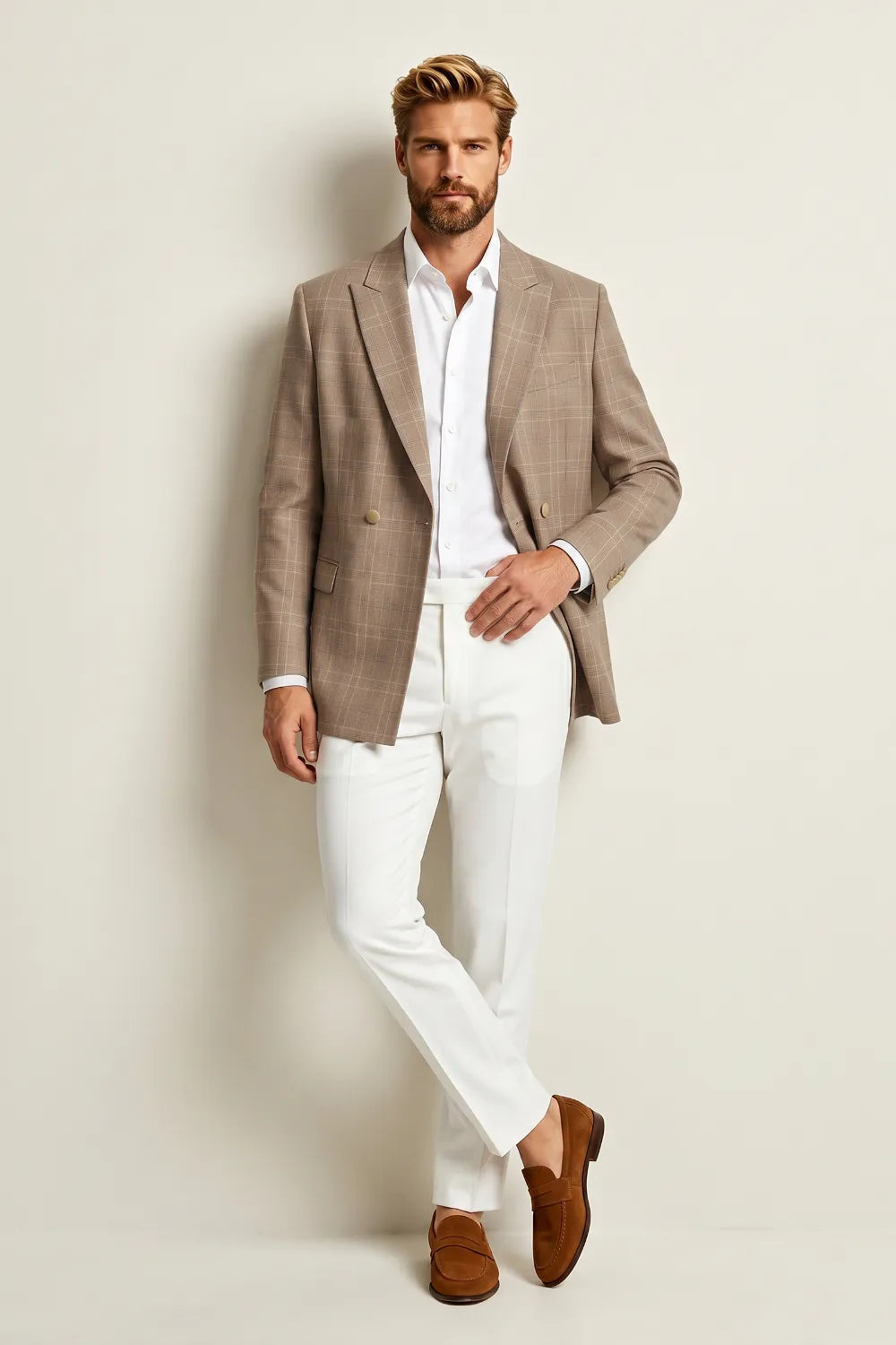 Men's Beige Windowpane 2 Piece Suit