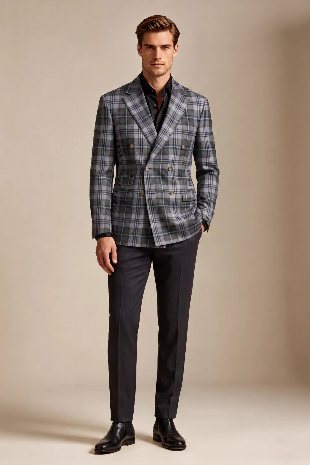 Men's Charcoal Grey Plaid Double Breasted 2 Piece Suit