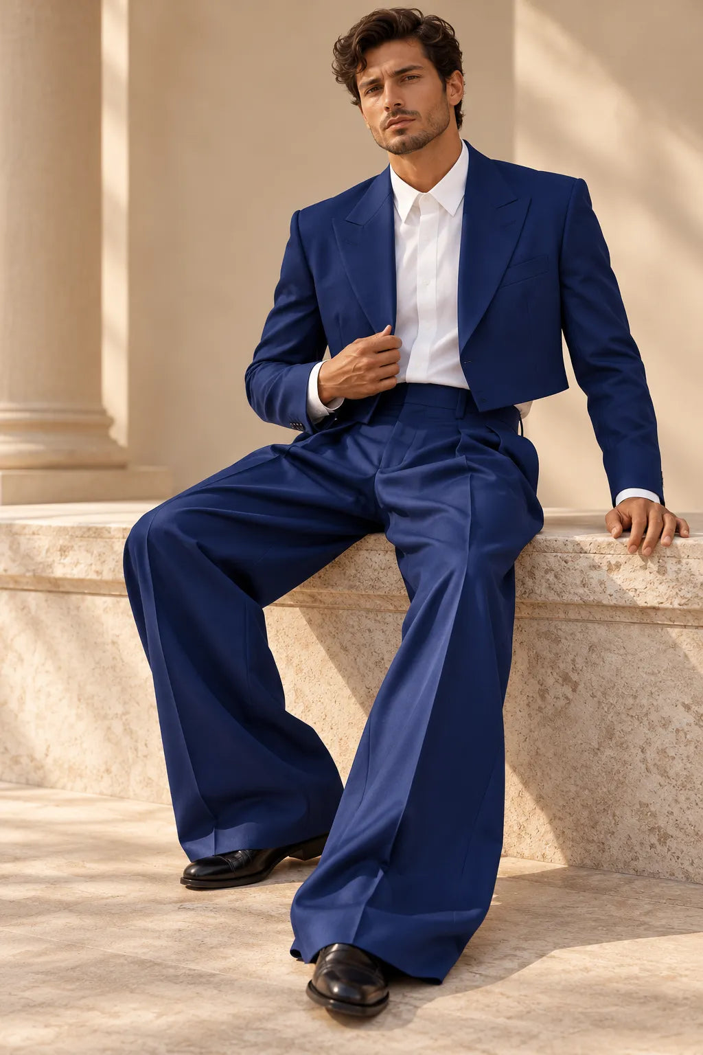 Men's Cropped Blazer Wide Leg 2 Piece Suit