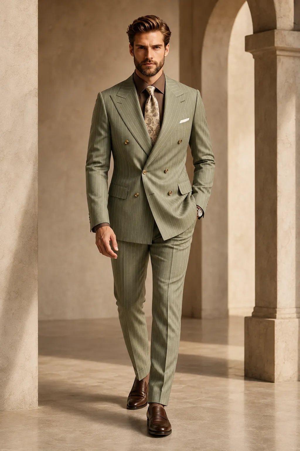 Men's Olive Green Pinstripe Double Breasted 2 Piece Suit