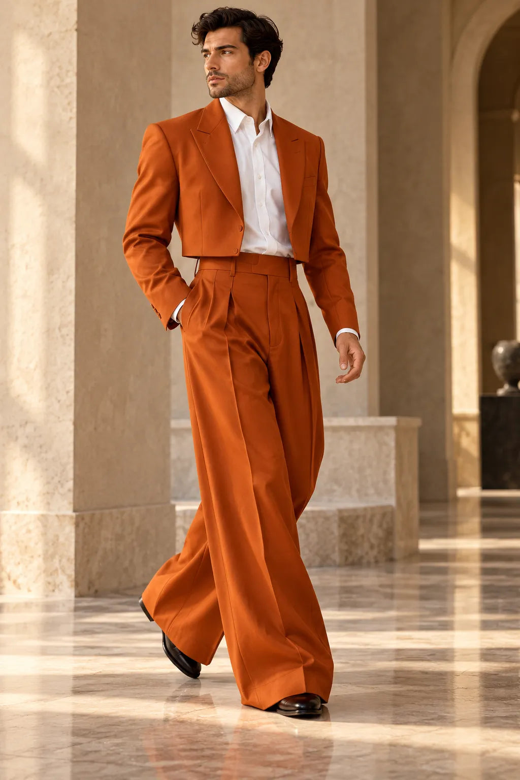 Men's Cropped Blazer Wide Leg 2 Piece Suit