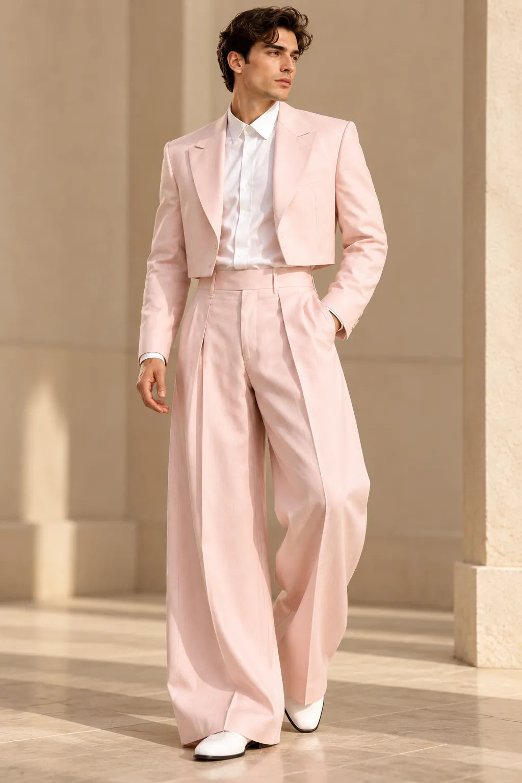 Men's Cropped Blazer Wide Leg 2 Piece Suit