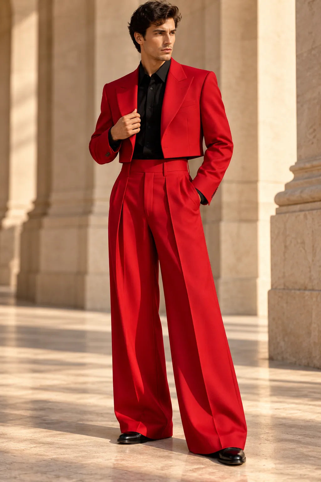 Men's Cropped Blazer Wide Leg 2 Piece Suit