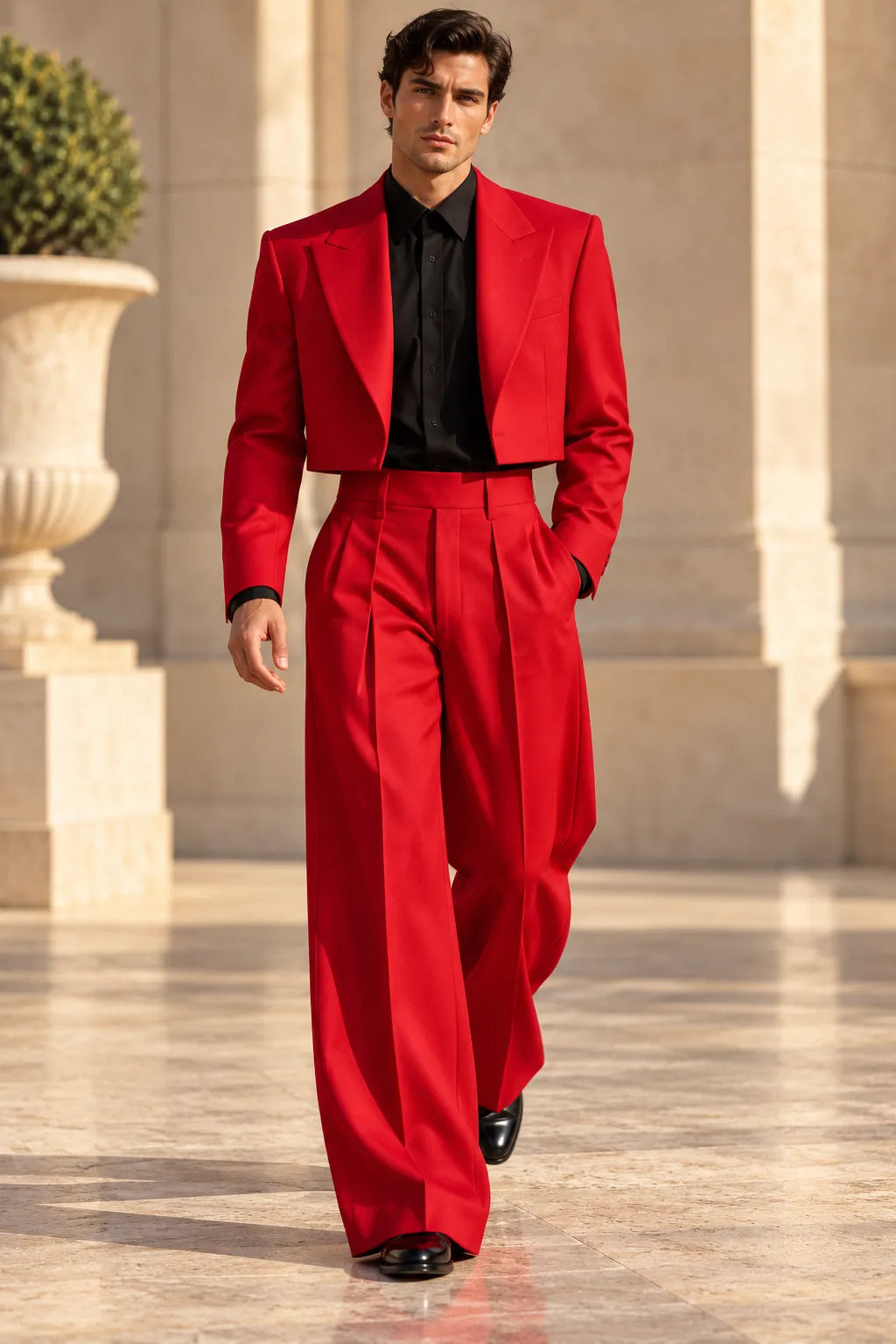 Men's Cropped Blazer Wide Leg 2 Piece Suit