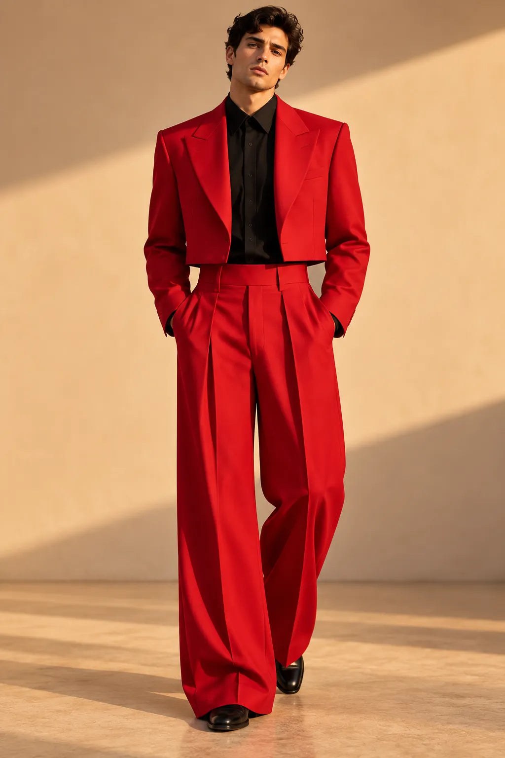 Men's Cropped Blazer Wide Leg 2 Piece Suit