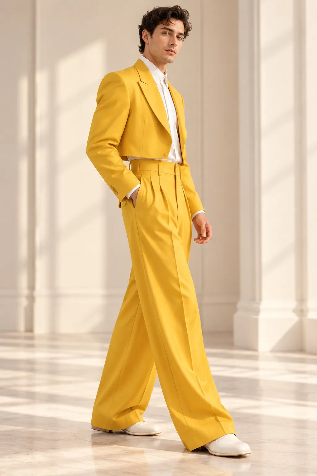 Men's Cropped Blazer Wide Leg 2 Piece Suit