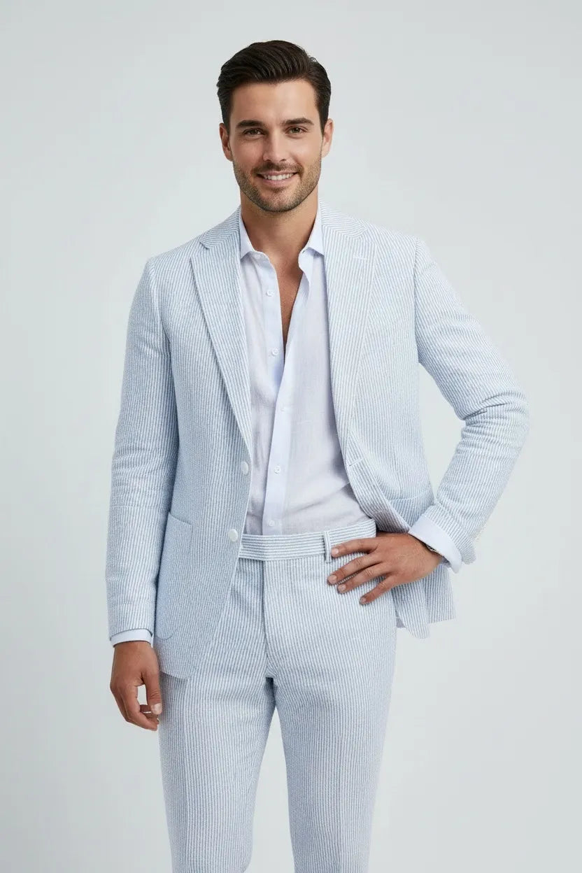 Men's Classic Blue Seersucker 2 Piece Suits