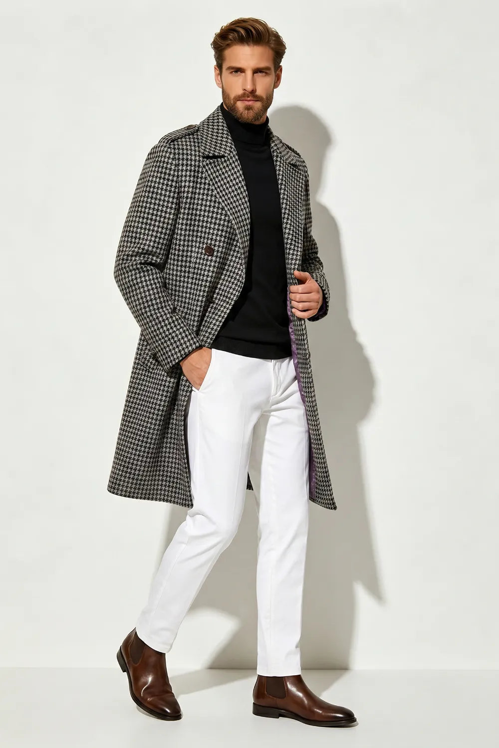 Men's Classic Houndstooth Longline Overcoat