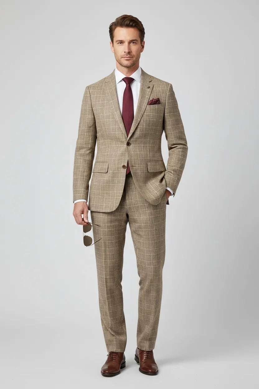 Men's Brown Slim Fit Plaid 2 Piece Suit
