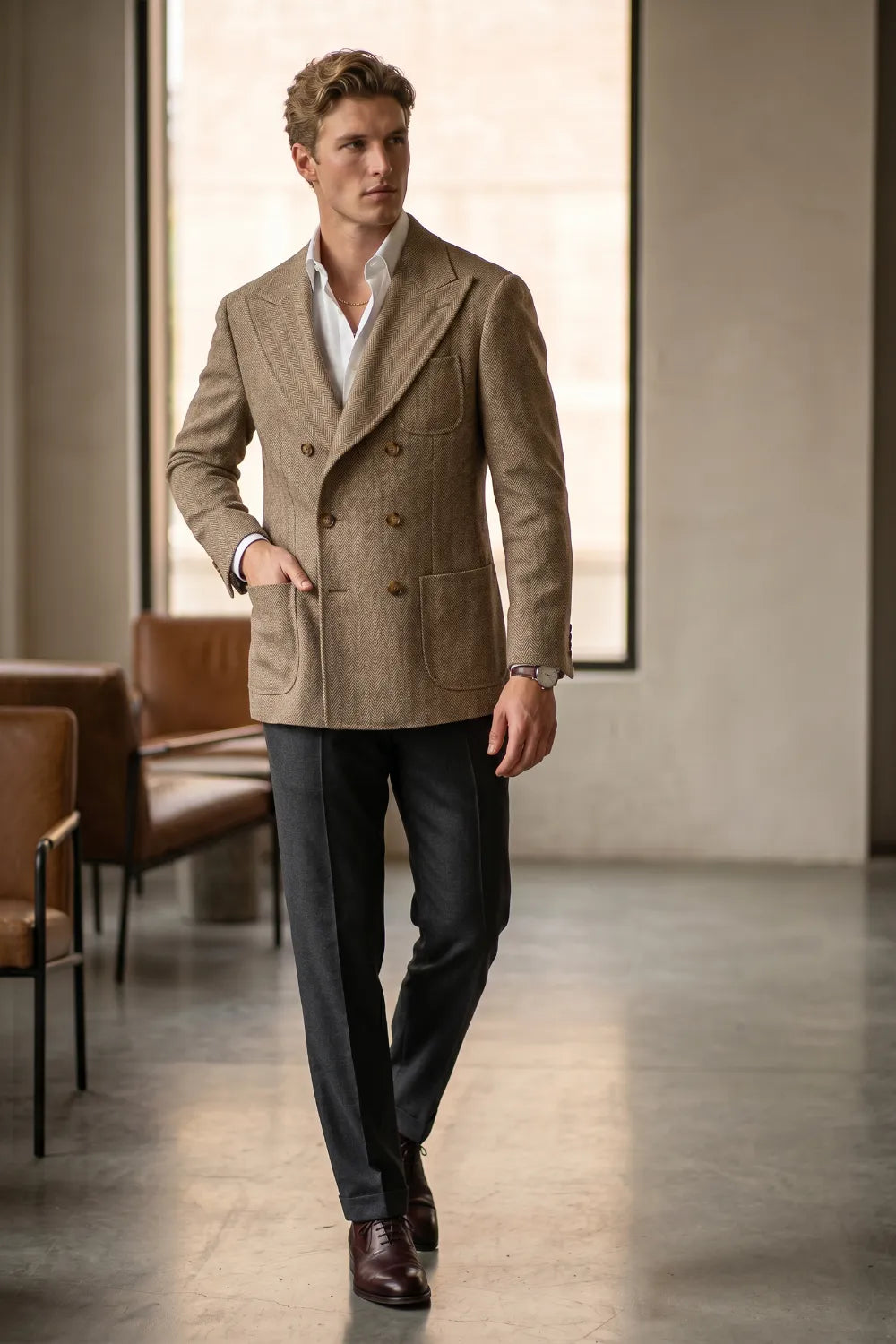 Men's Tailored Peak Lapel Herringbone 2 Piece Suit