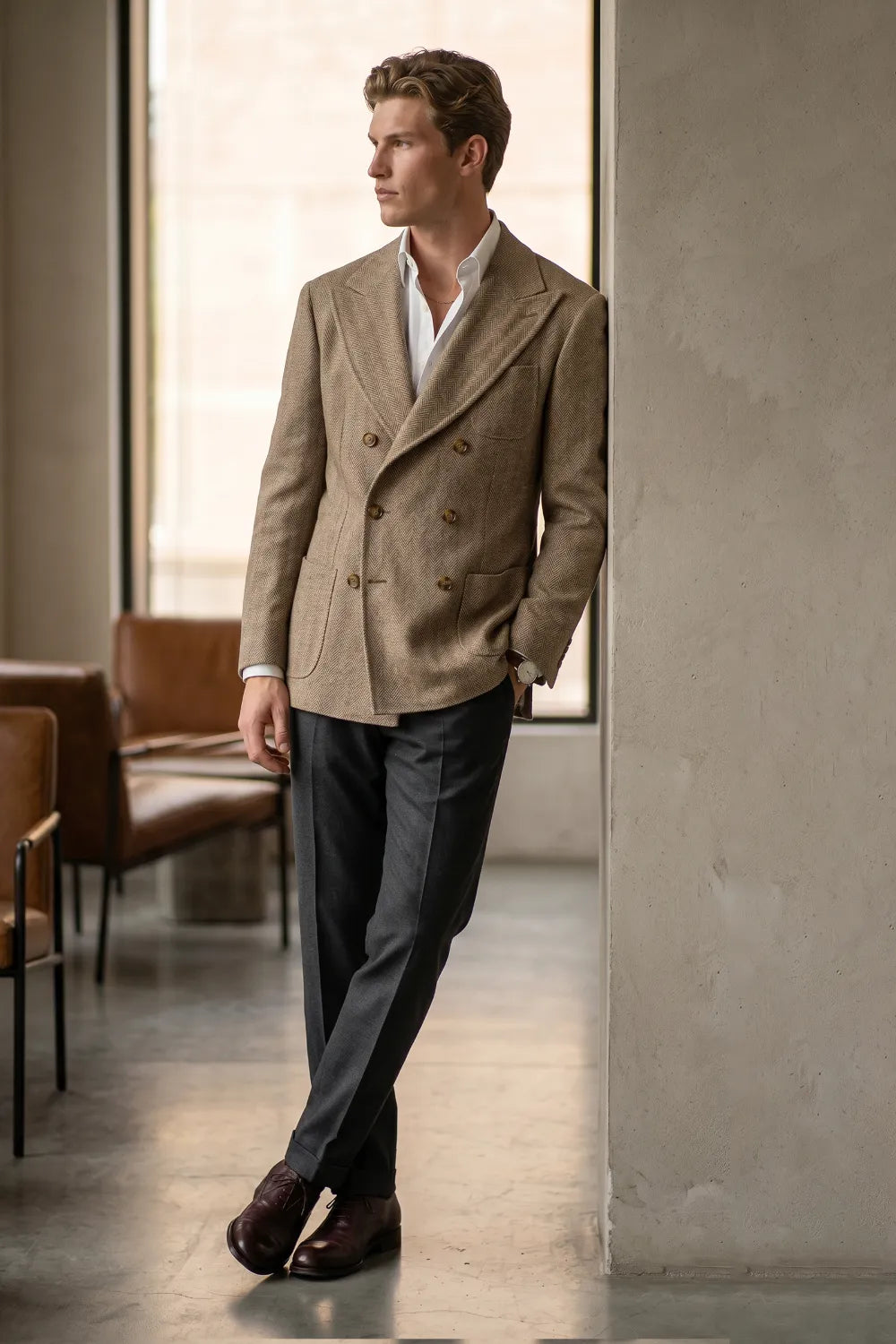 Men's Tailored Peak Lapel Herringbone 2 Piece Suit