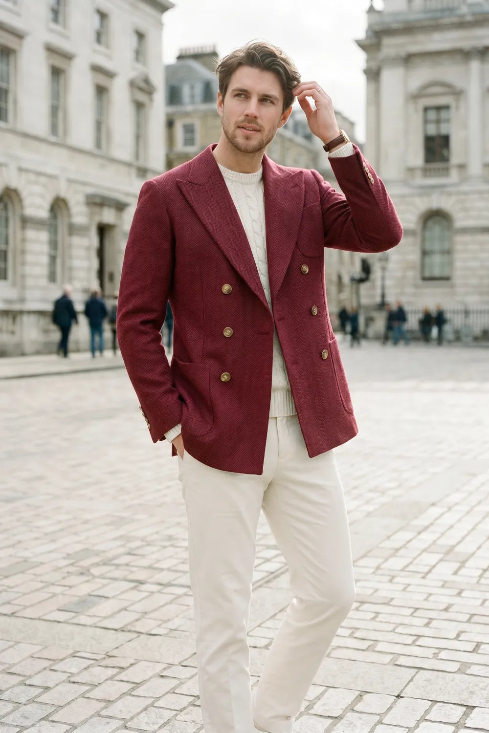 Men's Tailored Peak Lapel Herringbone 2 Piece Suit
