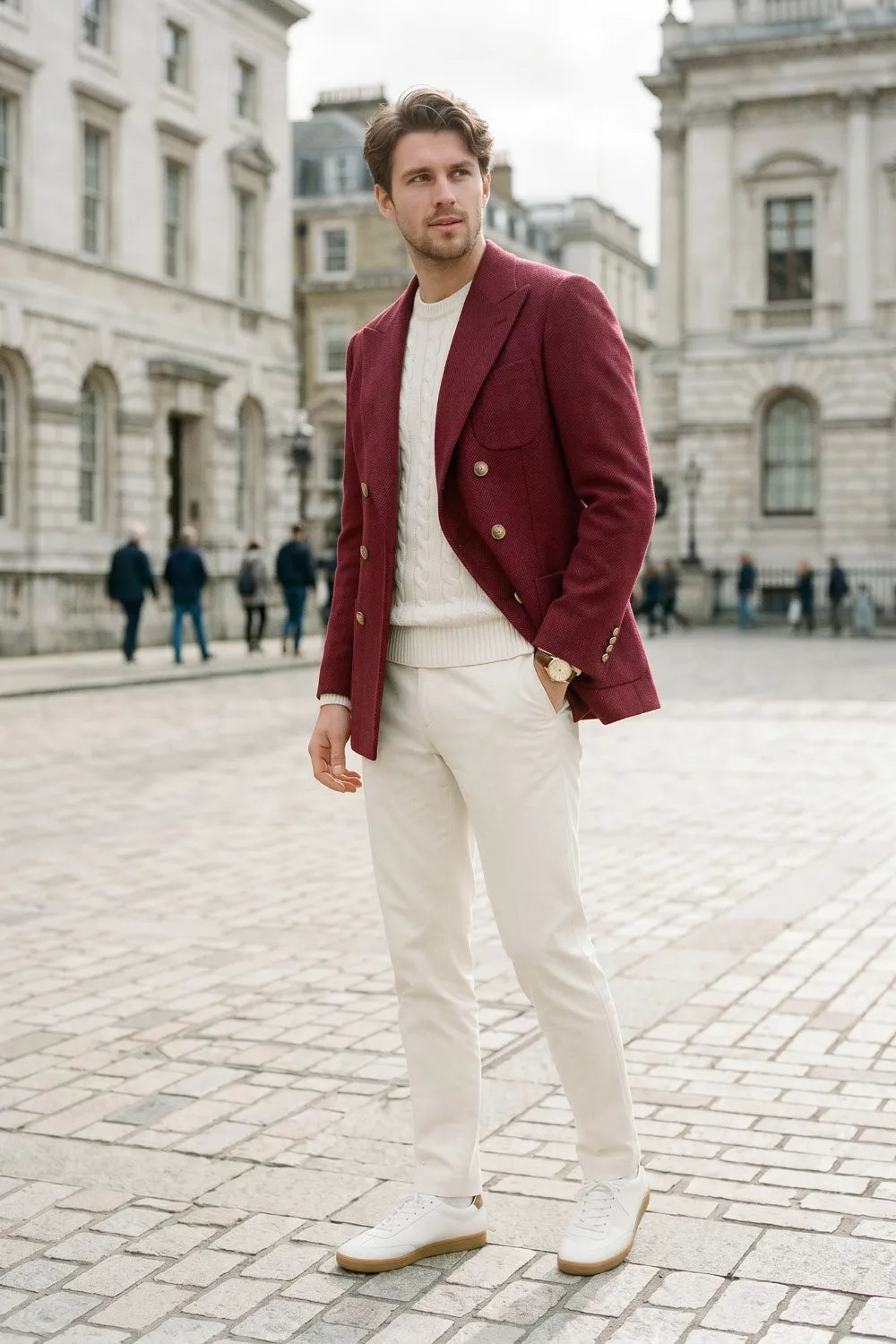 Men's Tailored Peak Lapel Herringbone 2 Piece Suit