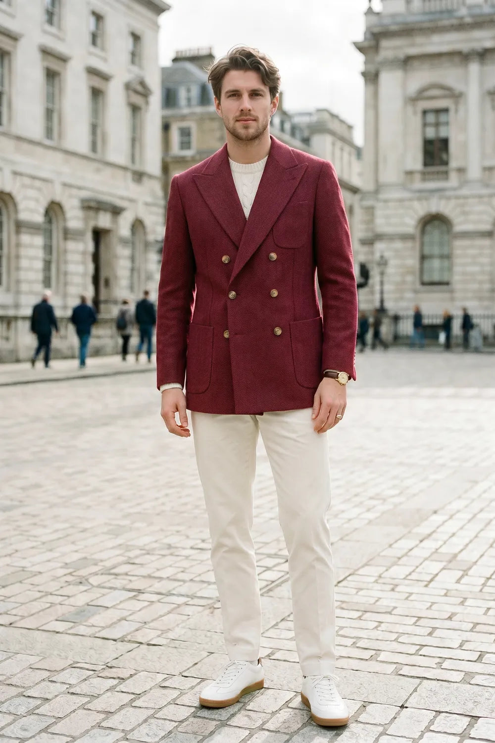 Men's Tailored Peak Lapel Herringbone 2 Piece Suit