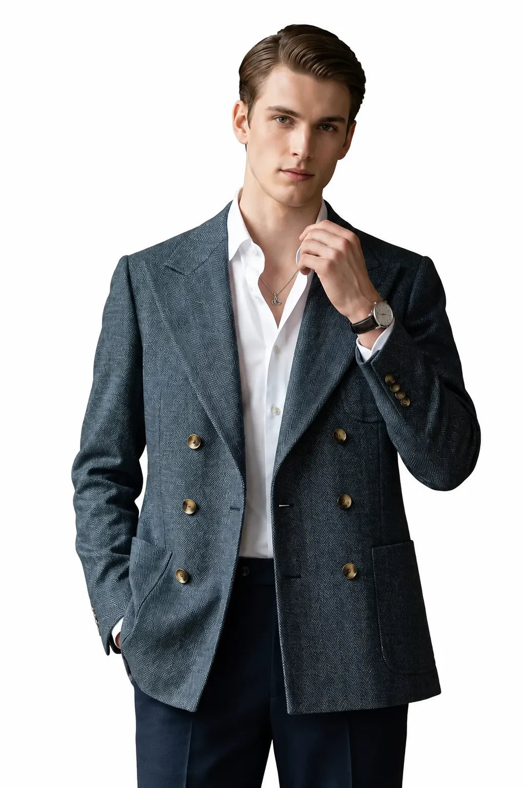 Men's Tailored Peak Lapel Herringbone 2 Piece Suit