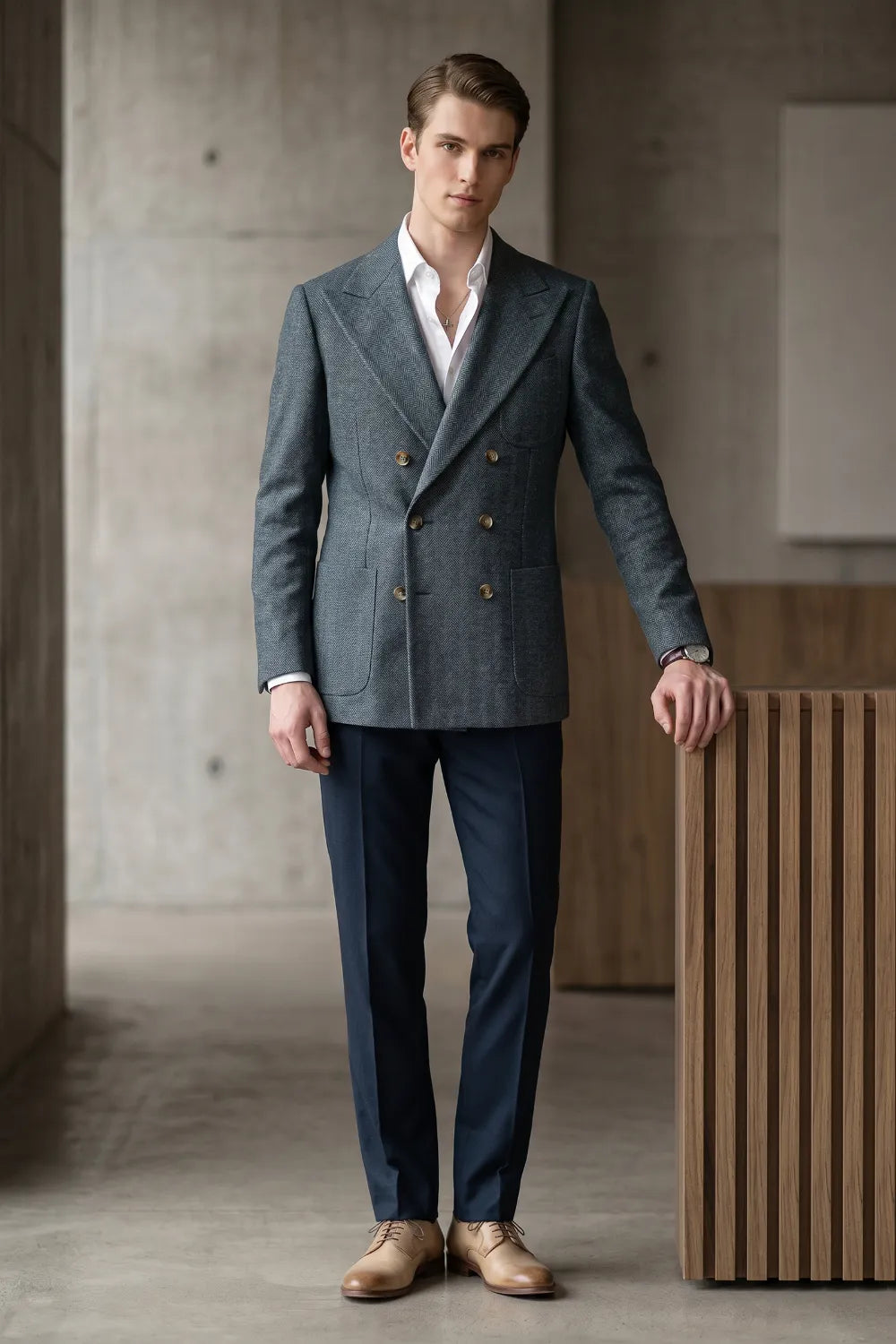 Men's Tailored Peak Lapel Herringbone 2 Piece Suit
