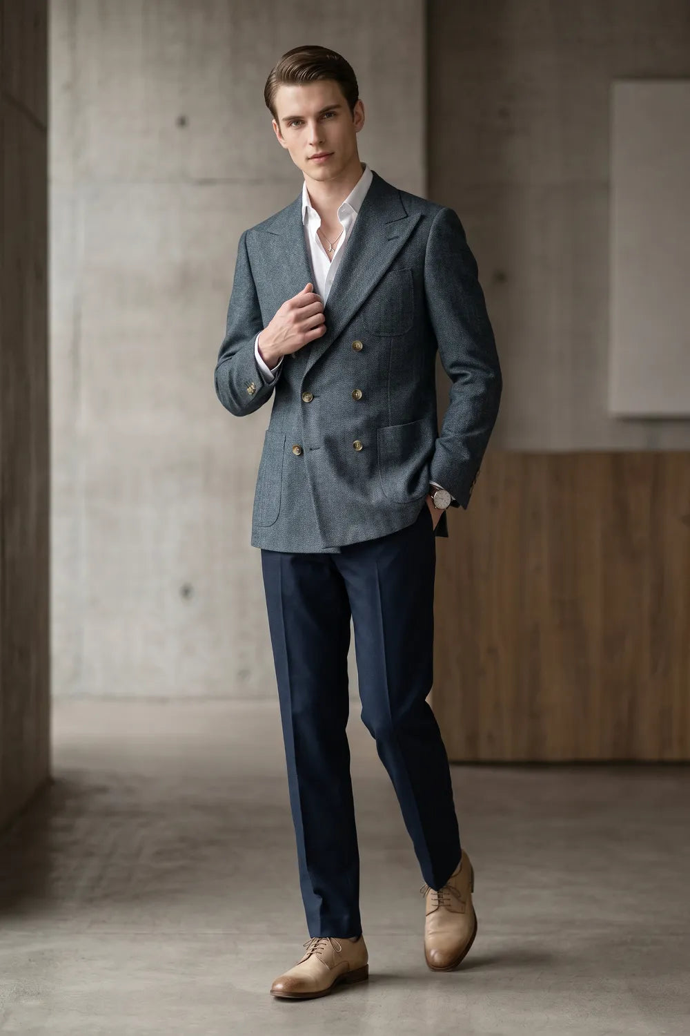 Men's Tailored Peak Lapel Herringbone 2 Piece Suit
