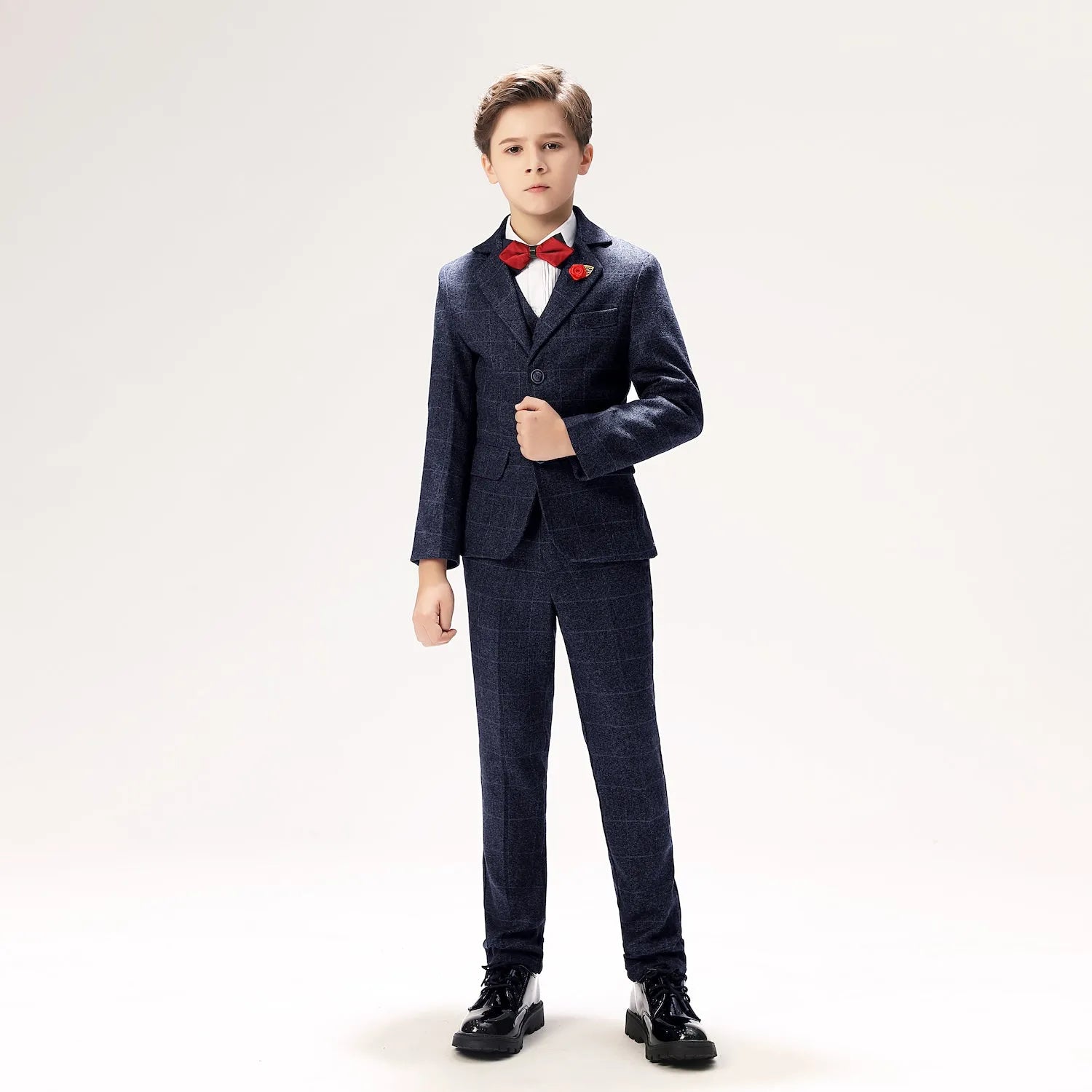 Navy wool plaid boys' prom suit with red bow tie, formal five-piece set ideal for weddings and special events