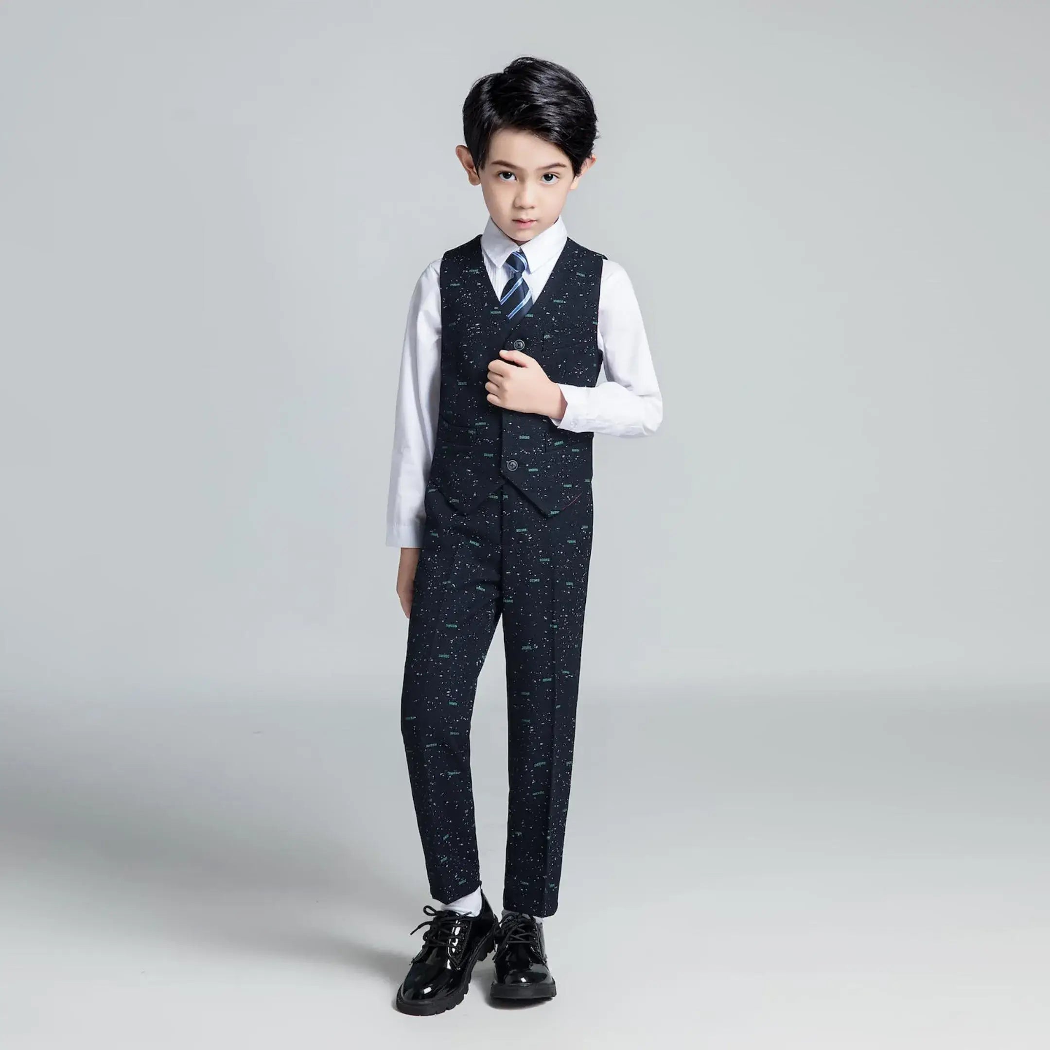 Boys' printed vest suit with white dress shirt and striped tie, slim fit party outfit with polished dress shoes