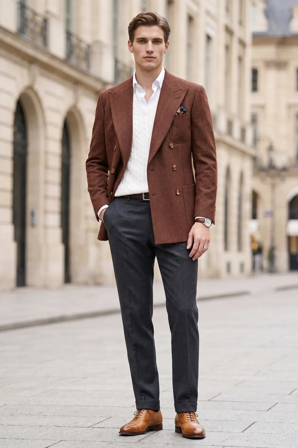 Men's Tailored Peak Lapel Herringbone 2 Piece Suit