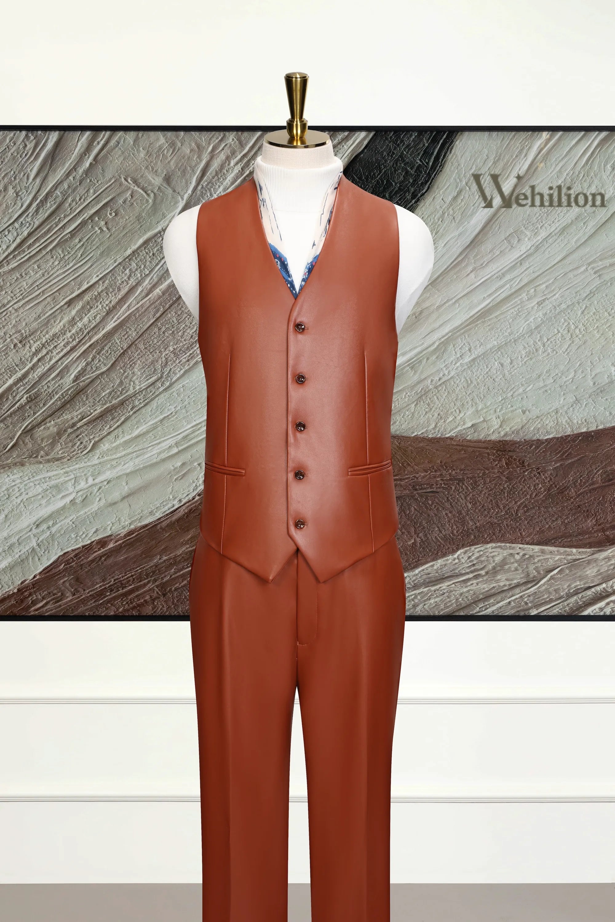 Men's Orange Statement Leather 3 Piece Suit