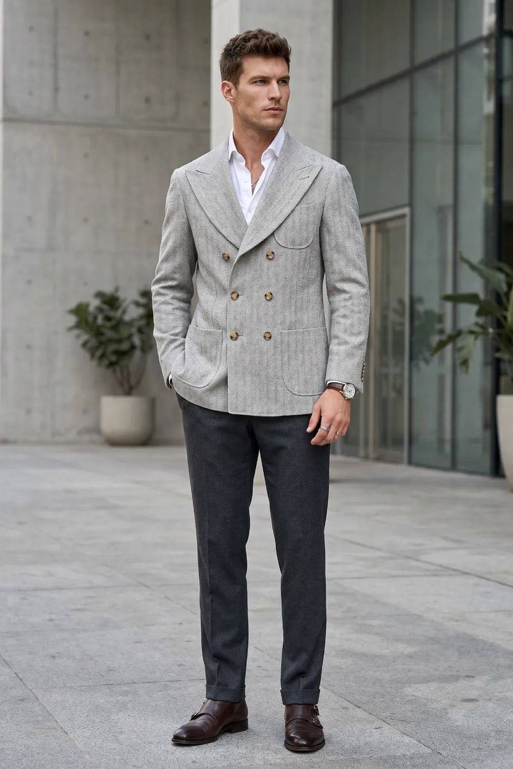 Men's Tailored Peak Lapel Herringbone 2 Piece Suit