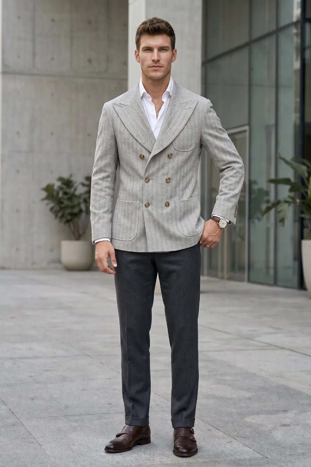 Men's Tailored Peak Lapel Herringbone 2 Piece Suit
