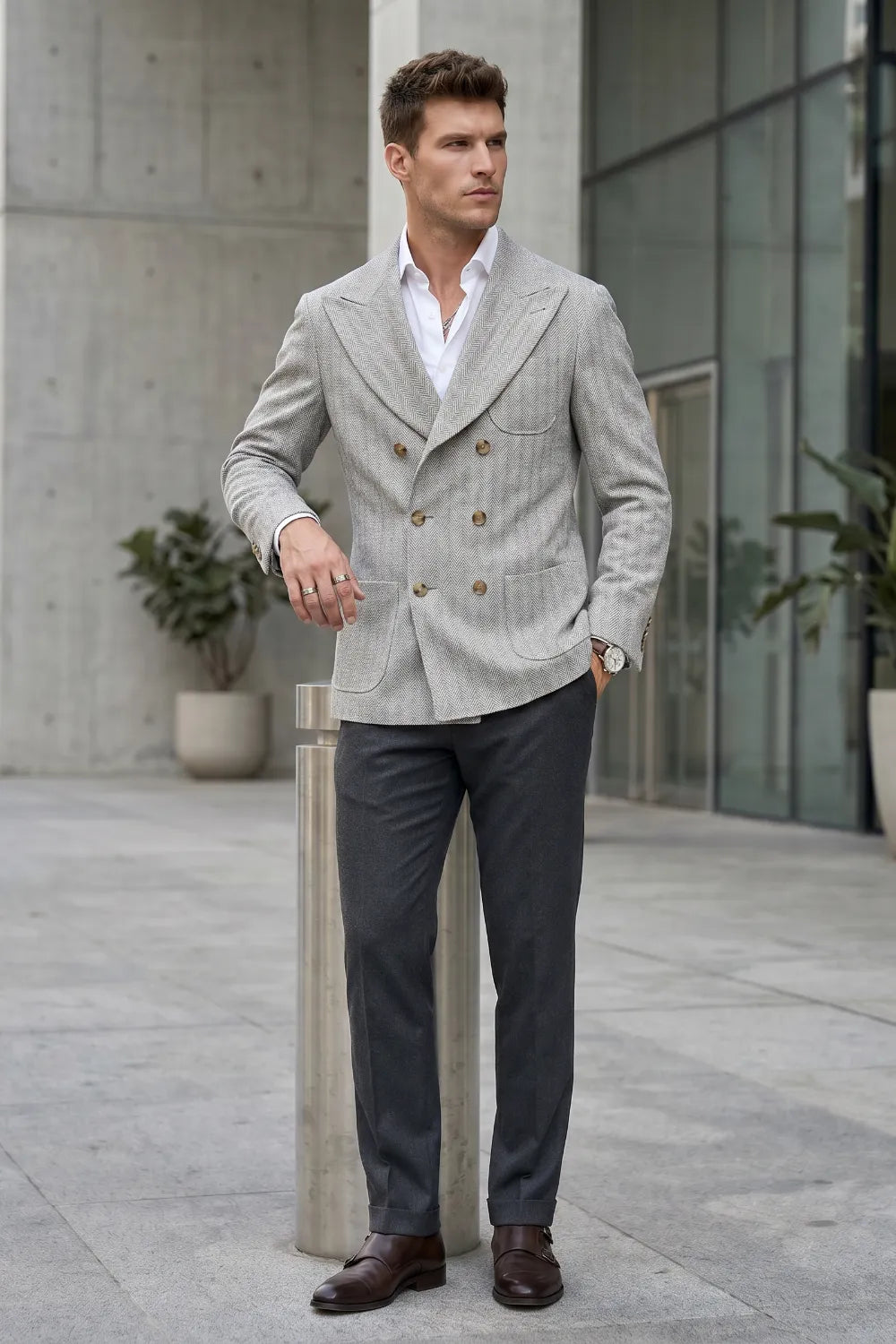 Men's Tailored Peak Lapel Herringbone 2 Piece Suit