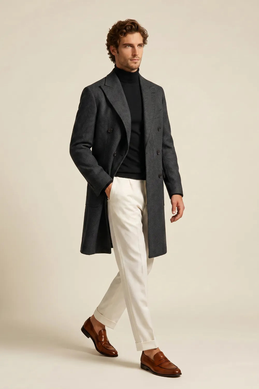 Men's Charcoal Herringbone Wool Blend Double Breasted Overcoat
