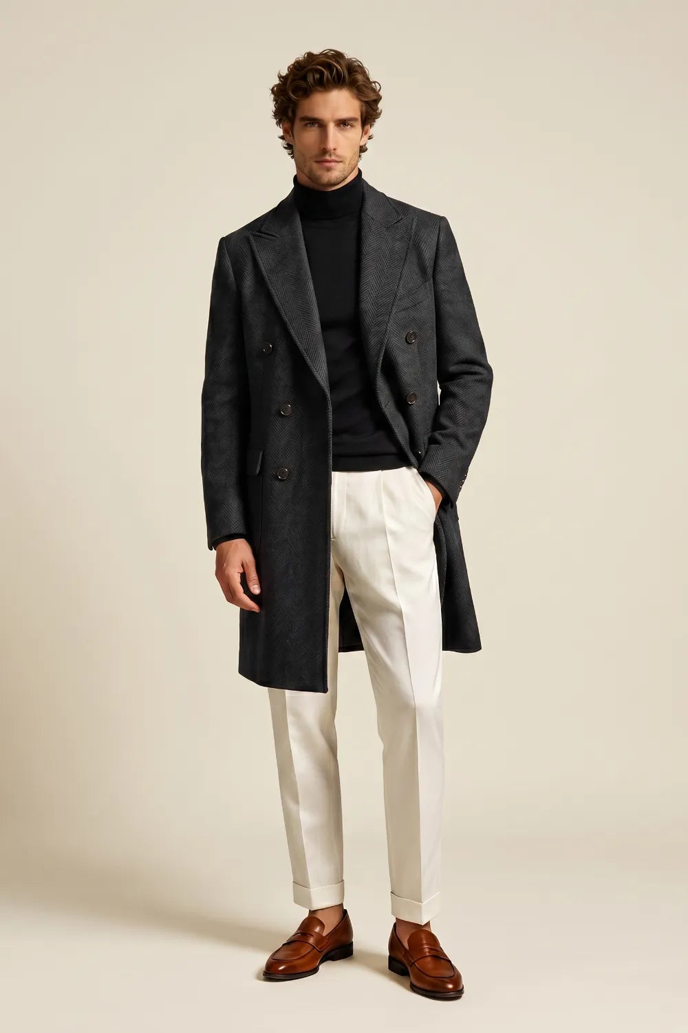 Men's Charcoal Herringbone Wool Blend Double Breasted Overcoat