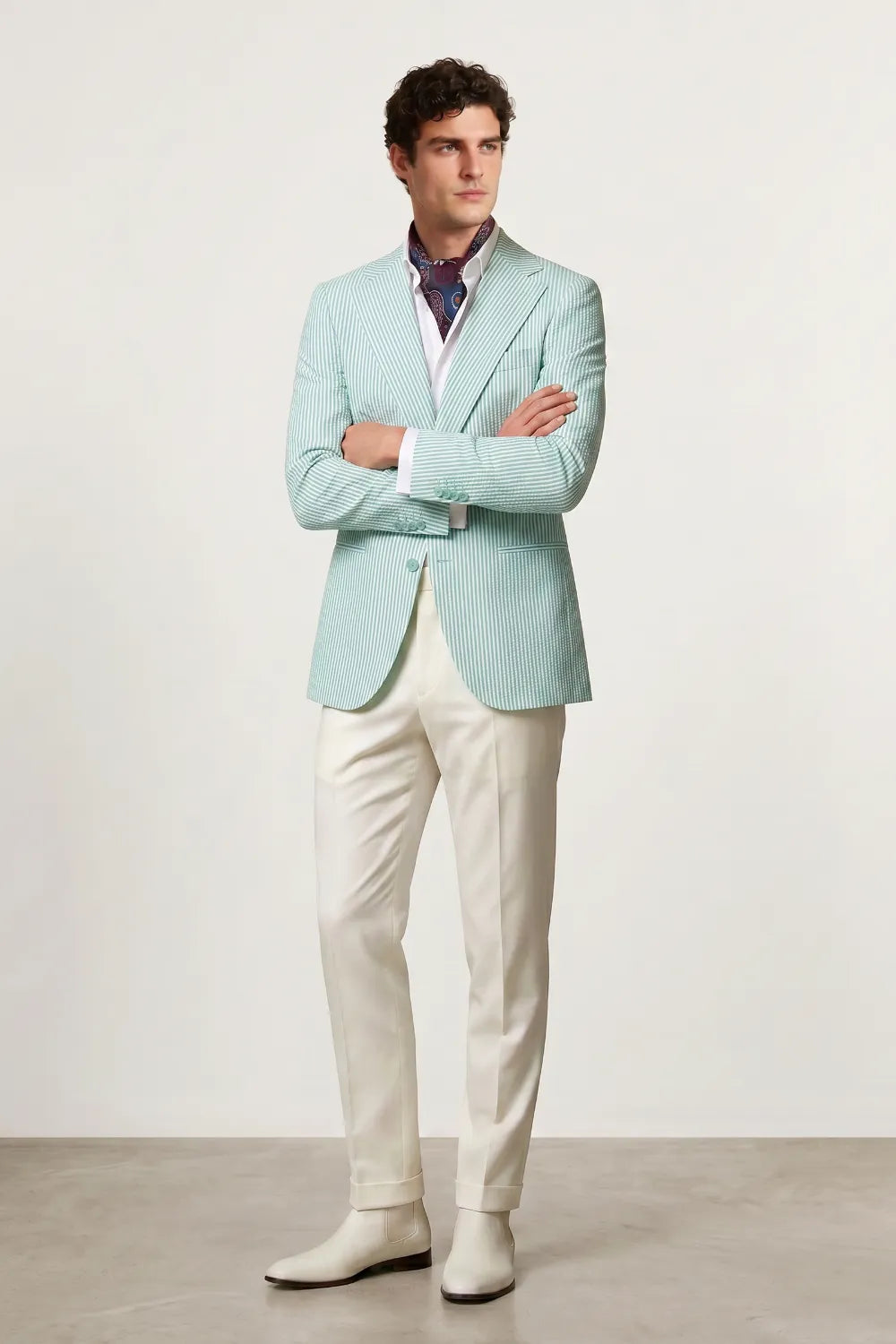 Men's Mint Green Striped Wide Notch Lapel Seersucker Blazer