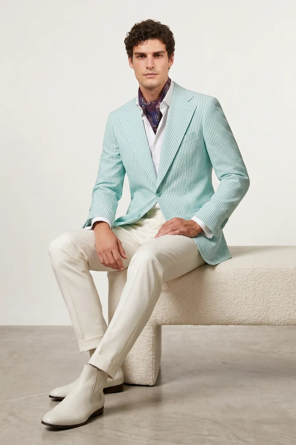 Men's Mint Green Striped Wide Notch Lapel Seersucker Blazer