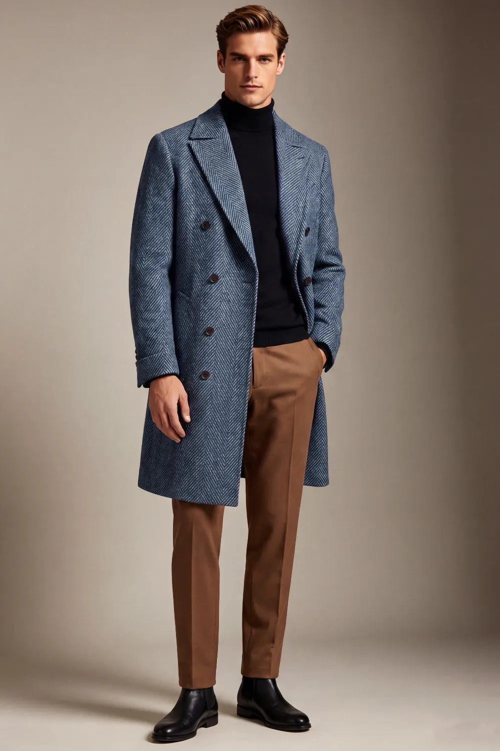 Men's Navy Herringbone Double Breasted Overcoat