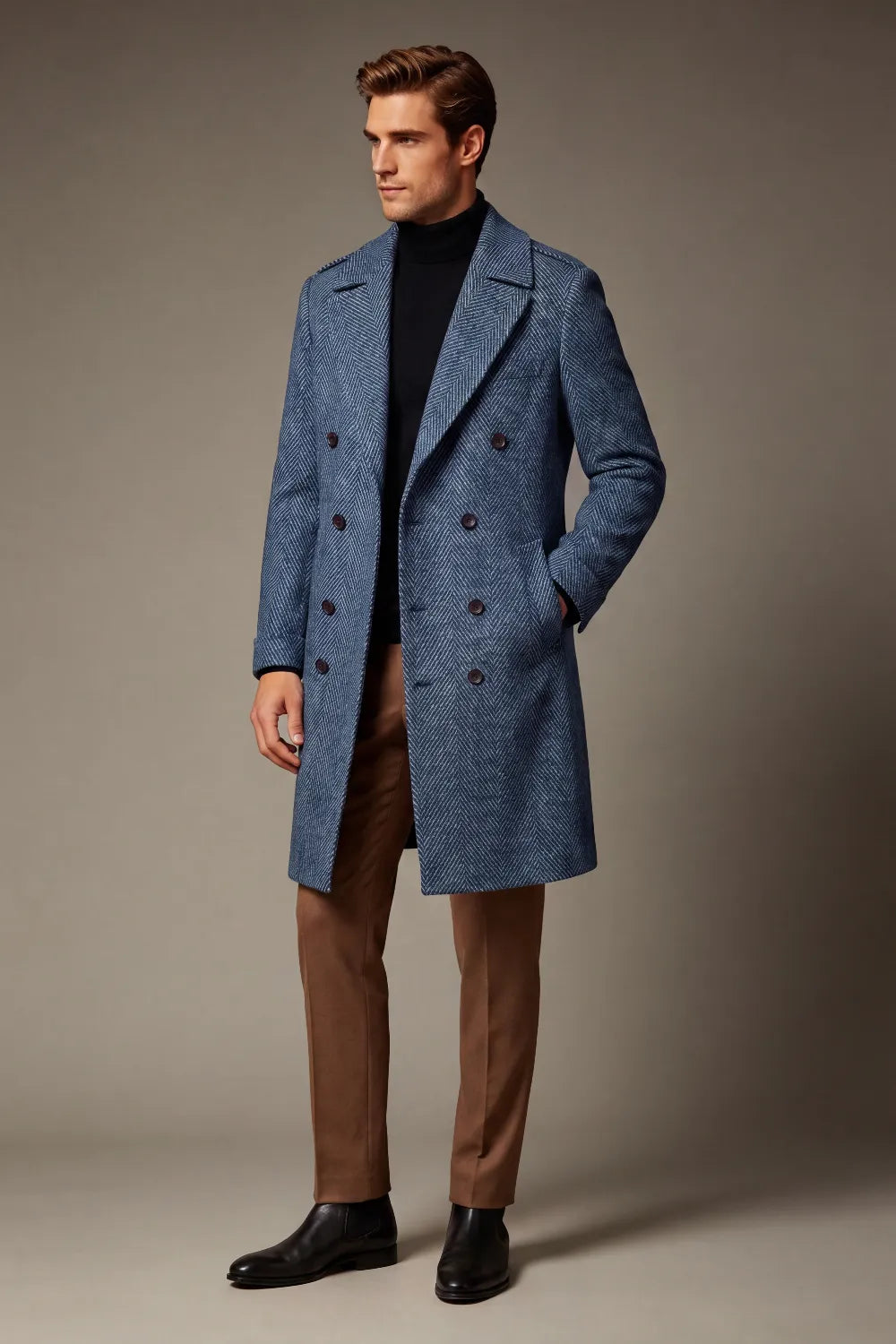 Men's Navy Herringbone Double Breasted Overcoat