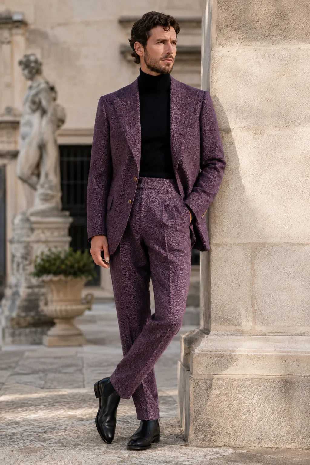 Men's Purple Herringbone Single Breasted 2 Piece Suit