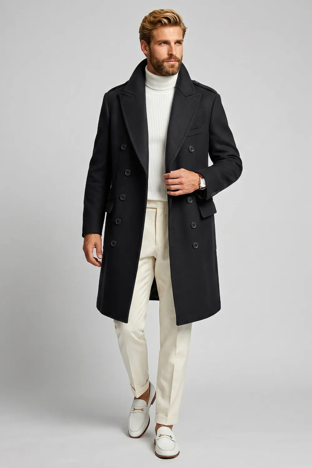 Men's Black Long Formal Overcoat