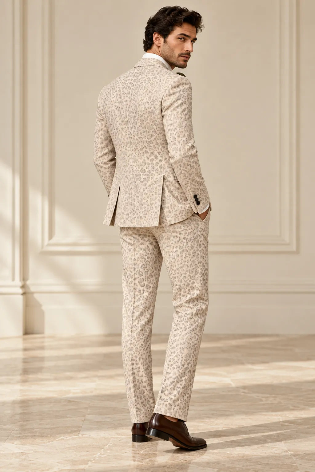 Men's Cream Animal Print 2 Piece Suit