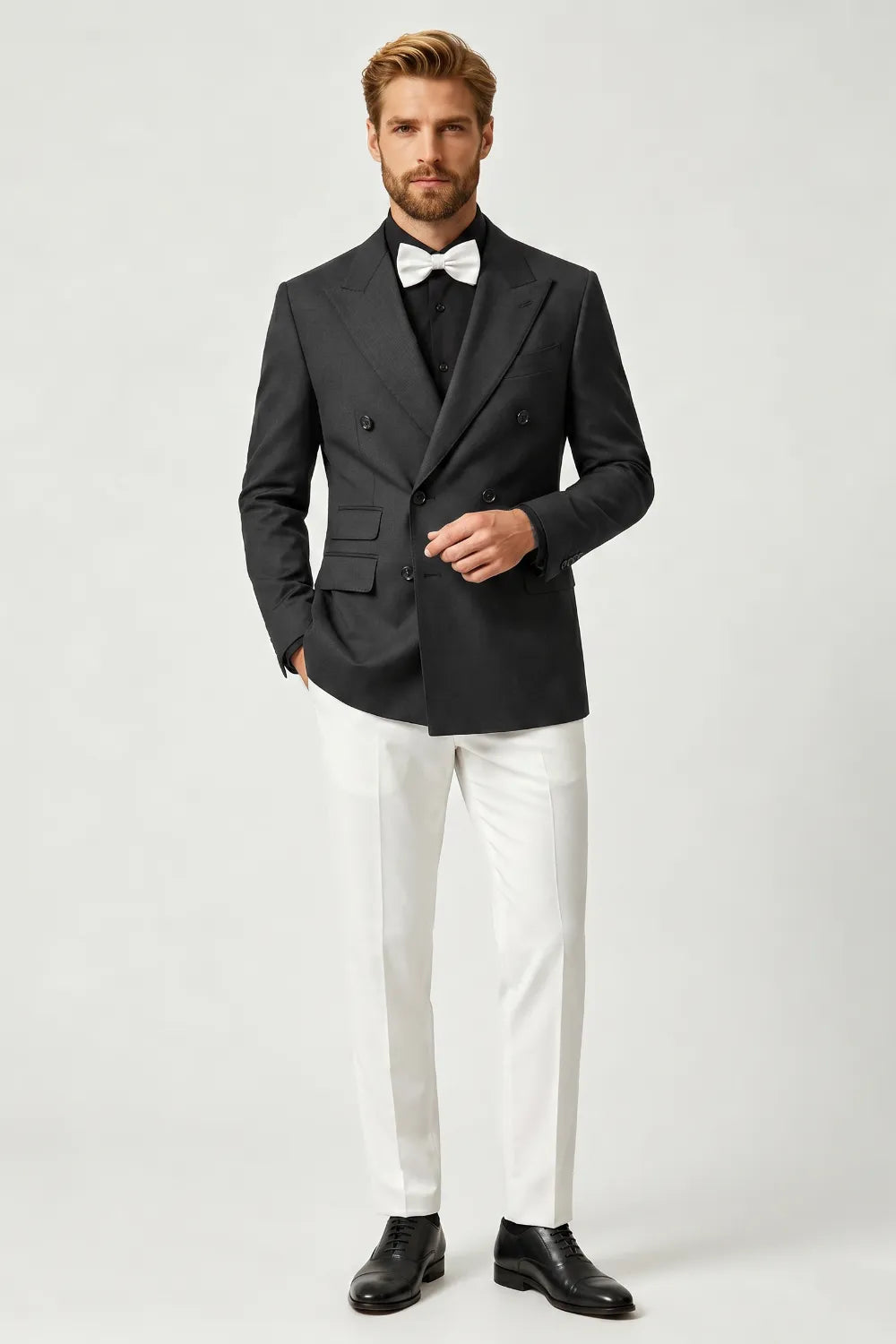 Men's Black Double Breasted Contrast 2 Piece Suit