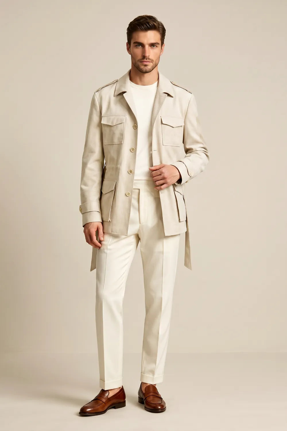 Men's Cream Belted Safari Utility Jacket