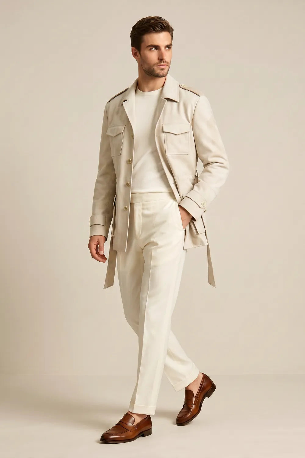 Men's Cream Belted Safari Utility Jacket