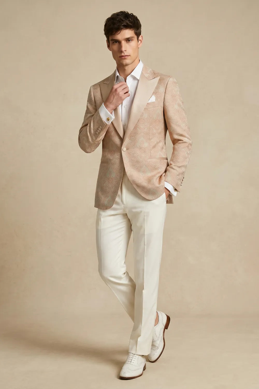 Men's Champagne Jacquard Peak Lapel 2-Piece Suit