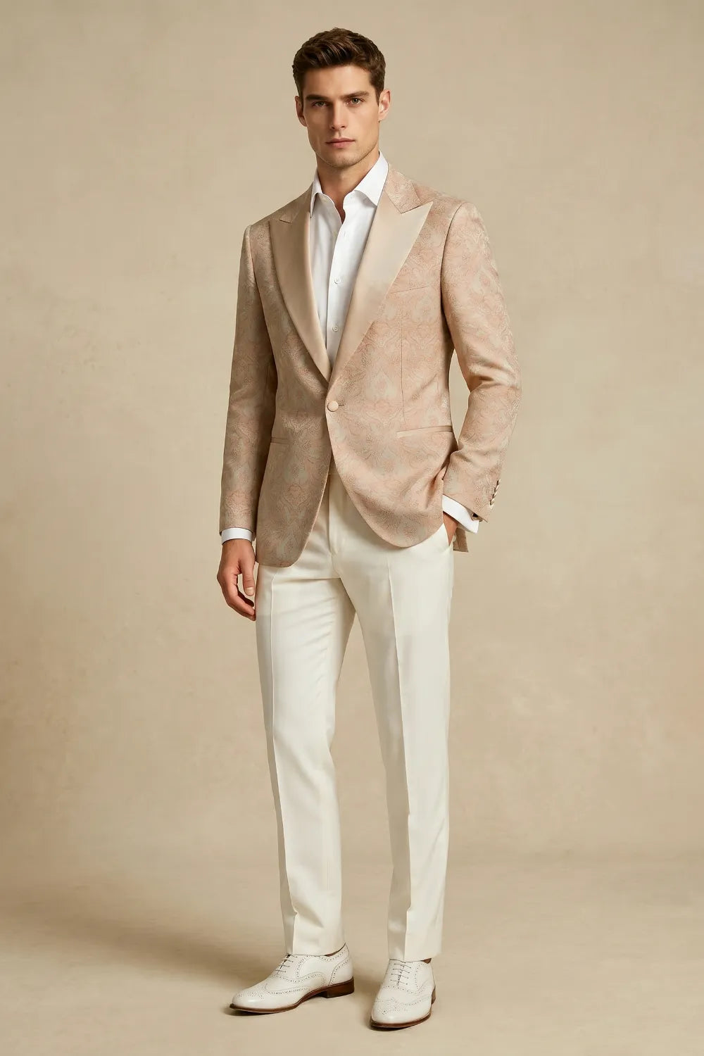 Men's Champagne Jacquard Peak Lapel 2-Piece Suit