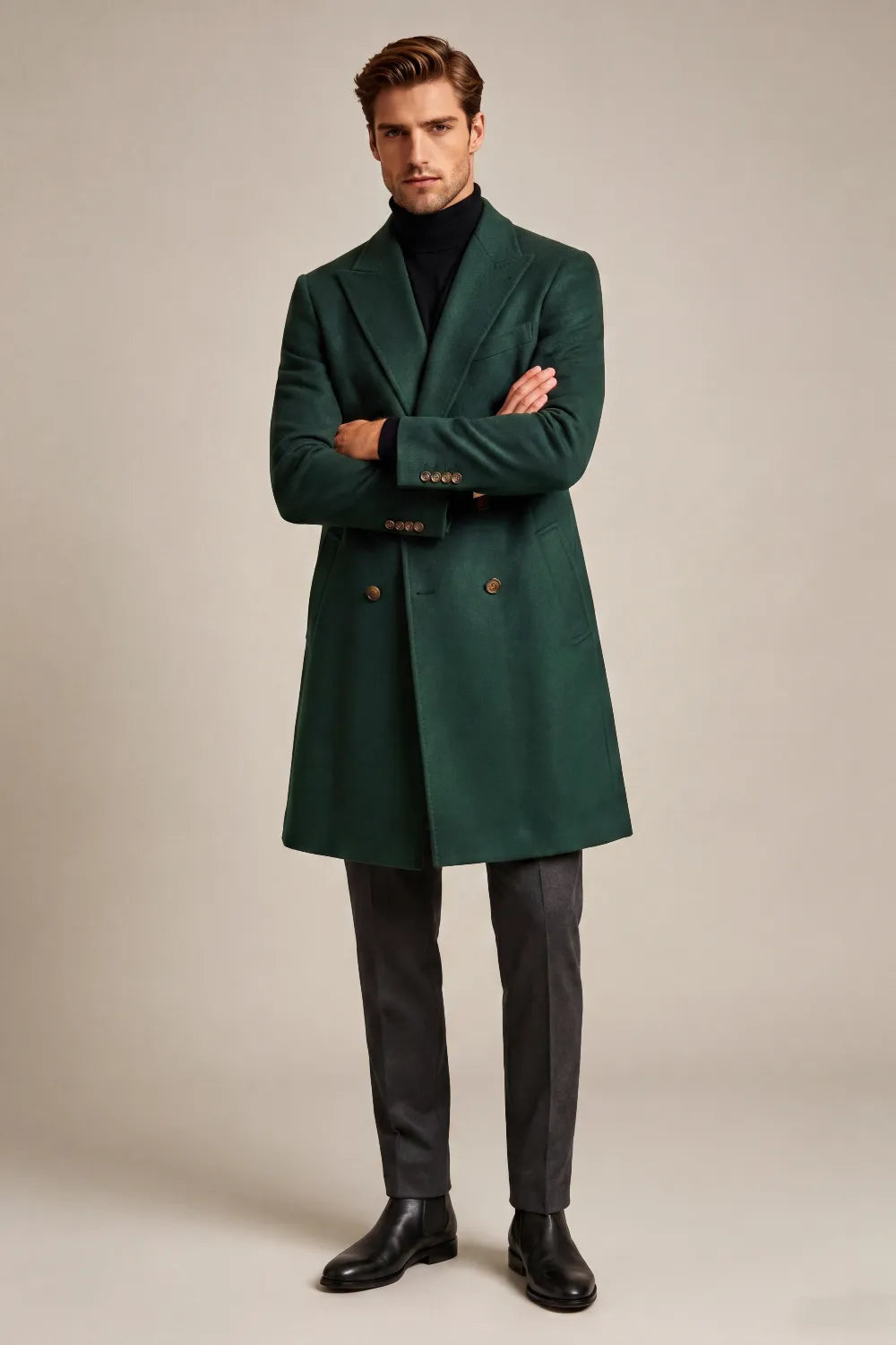 Men's Emerald Green Single Breasted Long Overcoat