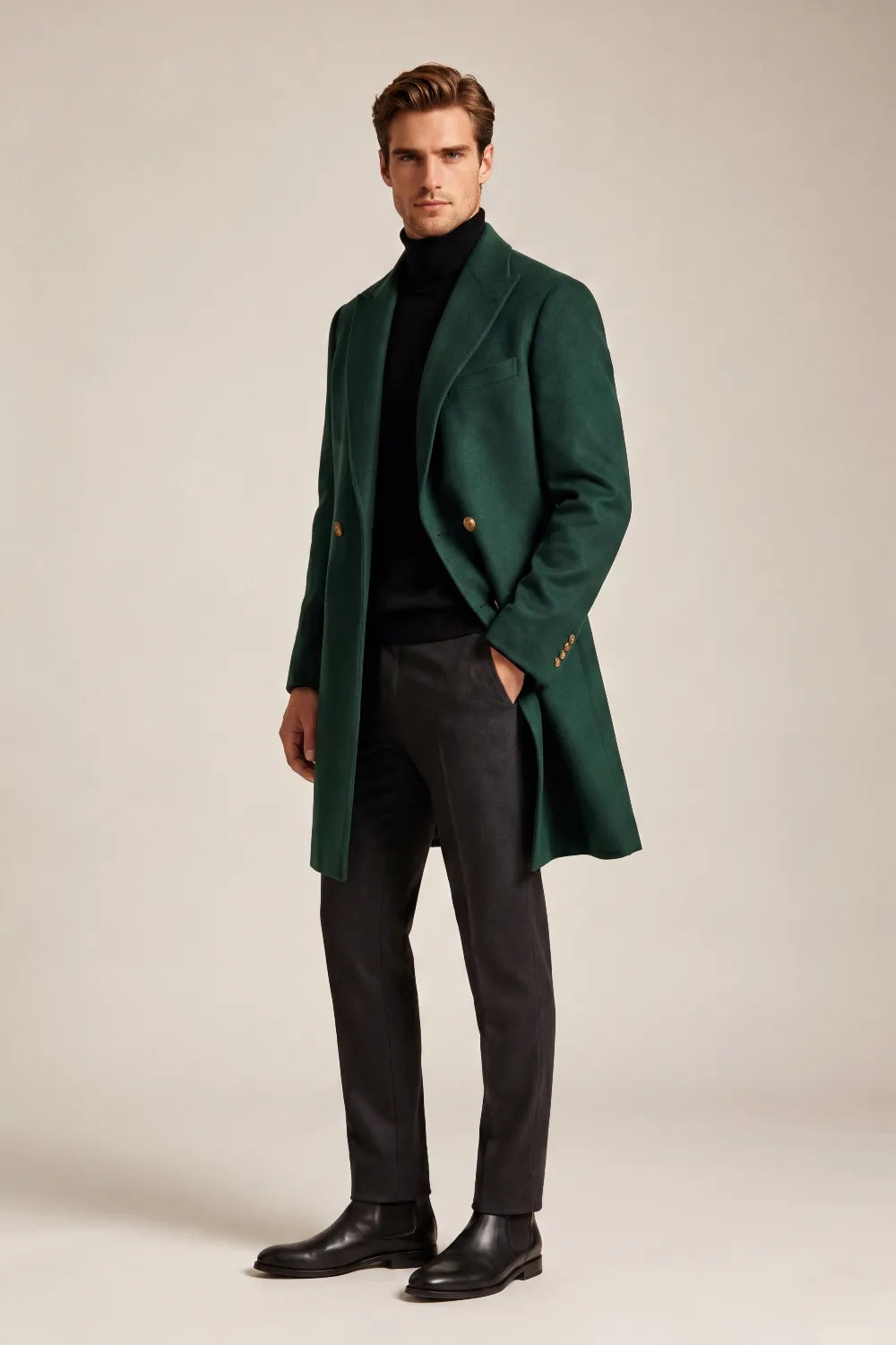 Men's Emerald Green Single Breasted Long Overcoat