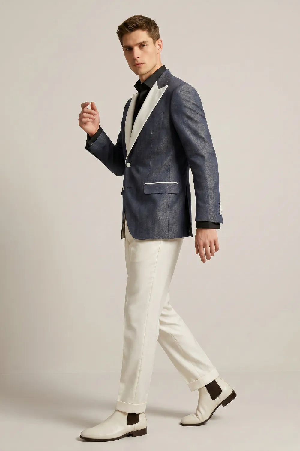 Men's Slate Blue Linen Blend Peak Lapel 2-Piece Suit